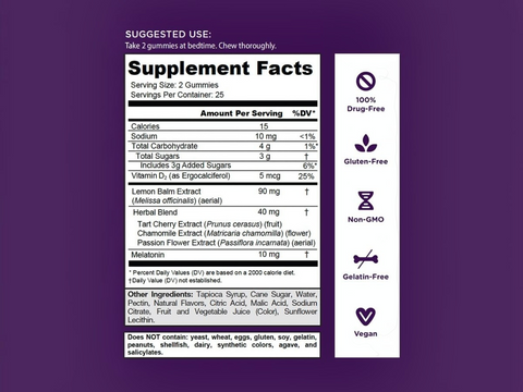 Supplement facts label on a purple background
