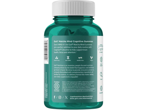 Green bottle of Goli Matcha Mind Cognitive Gummies with label on a white background