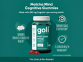 Goli Matcha Mind Cognitive Gummies supplement bottle with text on a teal background