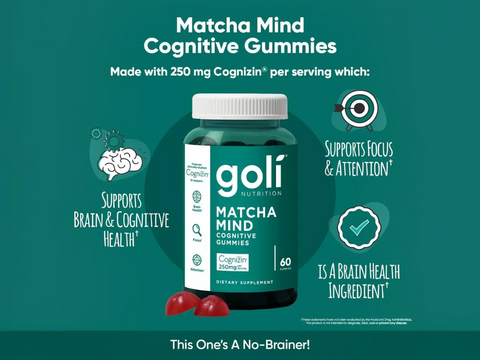 Goli Matcha Mind Cognitive Gummies supplement bottle with text on a teal background