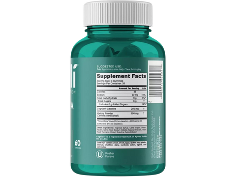 Green supplement bottle with label on a white background