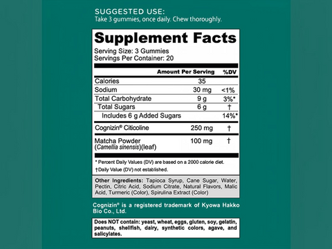 Supplement label with detailed nutritional information on a green background