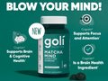 Goli Matcha Mind cognitive gummies supplement bottle with text on a green background