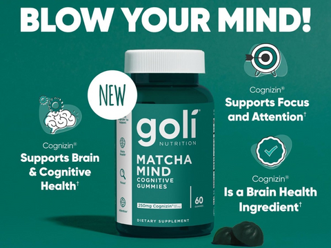 Goli Matcha Mind cognitive gummies supplement bottle with text on a green background