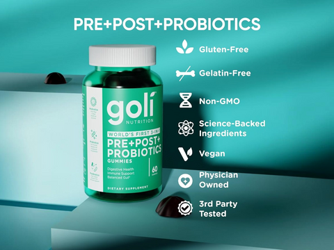 Goli Nutrition pre+post+probiotics gummies bottle on a teal background with brand information.
