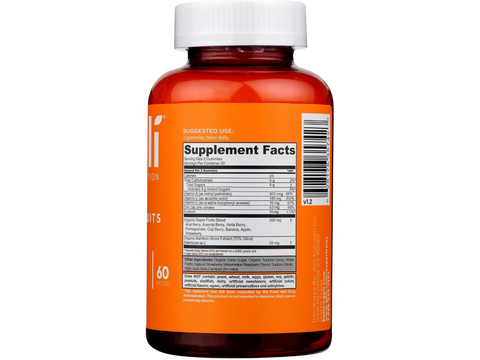 Supplement bottle with orange label and white cap on a white background