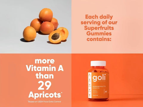 Goli Superfruits Gummies packaging with apricots and text on a colorful background