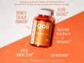 Goli Nutrition superfruits gummies bottle on an orange and white background with text about benefits.