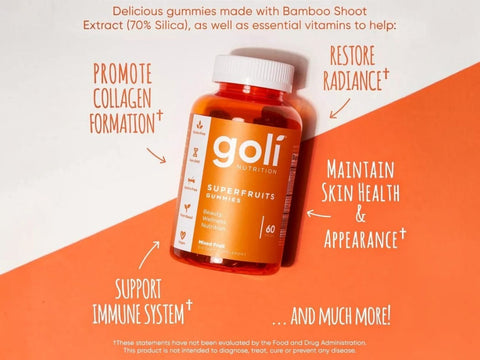 Goli Nutrition superfruits gummies bottle on an orange and white background with text about benefits.