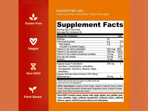 Supplement facts label with vegan, gluten-free, and non-GMO icons on an orange background.