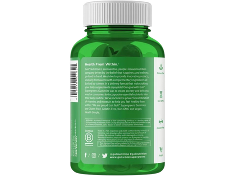 Green supplement bottle with white label on a white background