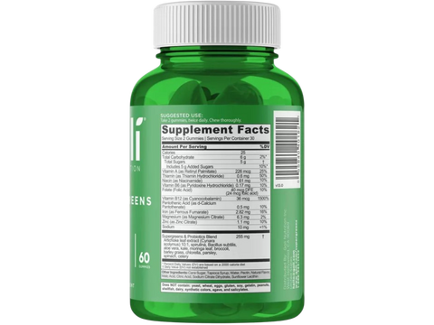 Green supplement bottle with label on a white background