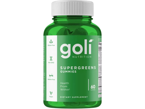 Green bottle of goli Nutrition Supergreens Gummies on a white background