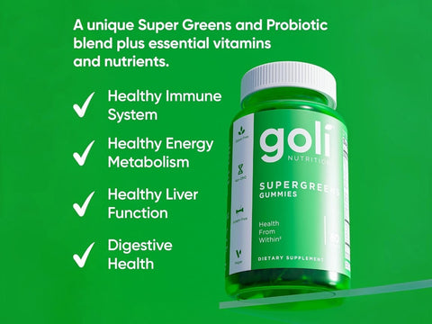 Goli SuperGreen gummies supplement bottle on a green background with product benefits listed.