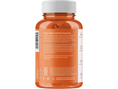 Orange bottle of Triple Action Immune Gummies with a white label on a white background