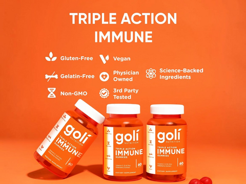 Three bottles of goli Triple Action Immune supplement on an orange background with product features listed.