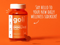Goli Nutrition immune gummies bottle on an orange background with promotional text.