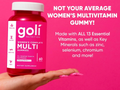 Goli Nutrition women's multivitamin gummy bottle on a pink background with text about vitamins and minerals.