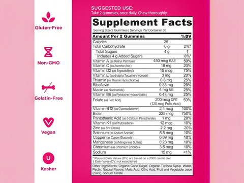 Supplement facts label on a pink background with various icons and text.