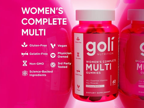 Goli Nutrition Women's Complete Multi Gummies bottle on a pink background