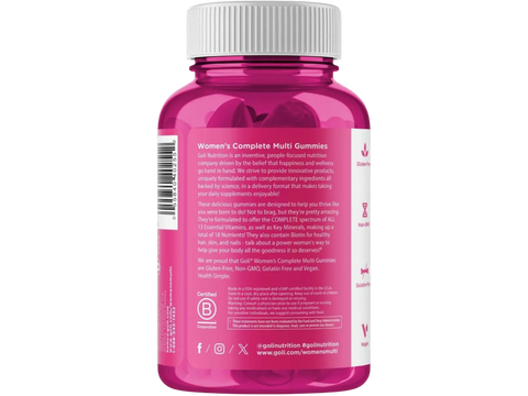 Pink bottle of Women's Complete Multi Gummies on a white background