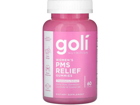 Pink bottle of goli Women's PMS Relief Gummies on a white background
