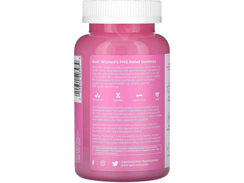 Pink bottle of GNC Women's PMS Relief Gummies on a white background