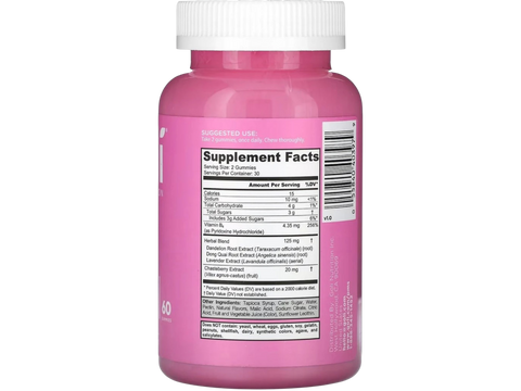 Pink supplement bottle with label on a white background
