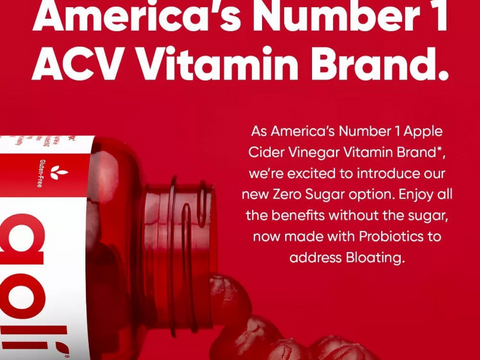 Advertisement for a brand of ACV vitamin with a red background and product image.