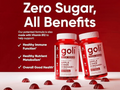 Two bottles of goli apple cider vinegar on a red background with text about zero sugar and benefits.