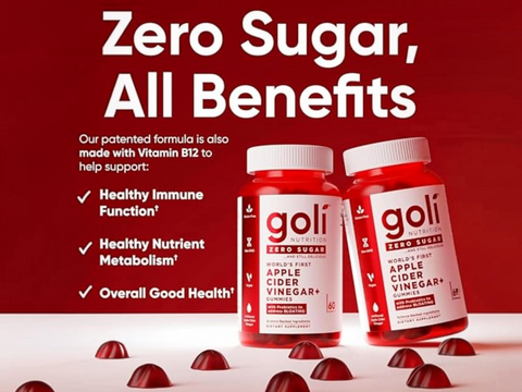 Two bottles of goli apple cider vinegar on a red background with text about zero sugar and benefits.