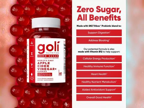Goli Nutrition apple cider vinegar gummies with product details on a red background