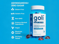Goli Nutrition Ashwagandha gummies bottle with blue background and product features listed.