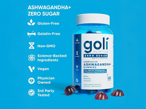 Goli Nutrition Ashwagandha gummies bottle with blue background and product features listed.