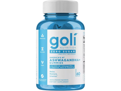 Blue bottle of goli nutrition ashwagandha gummies on a white background