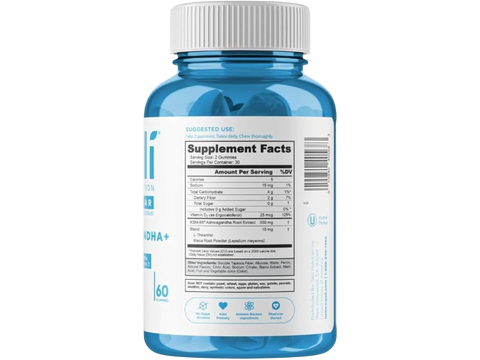 Blue supplement bottle with white label on a white background