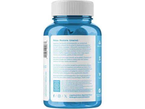 Blue supplement bottle with white label on a white background