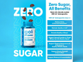Goli supplement bottle with text about zero sugar and benefits on a blue background