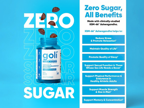 Goli supplement bottle with text about zero sugar and benefits on a blue background