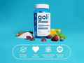 Goli supplement bottle with ingredients on a blue background