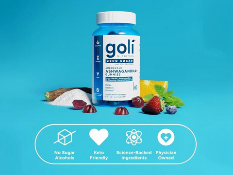Goli supplement bottle with ingredients on a blue background