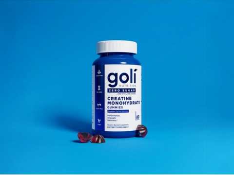 Goli Creatine Monohydrate Gummies bottle on a blue background