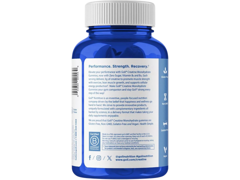 Blue supplement bottle with white label on a white background