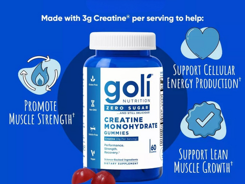Goli Nutrition creatine monohydrate gummies bottle with blue background and text highlighting benefits