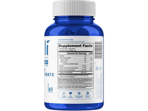 Blue supplement bottle with white label on a white background