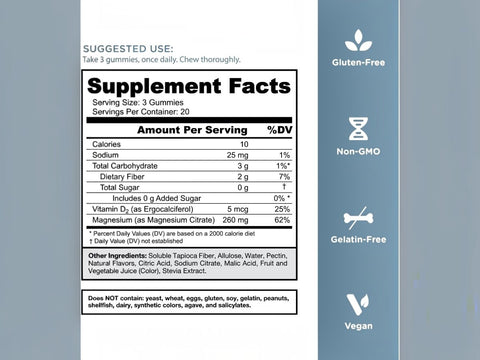 Supplement facts label with nutritional information and certification icons on a gray background