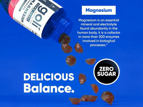 Goli supplement bottle with magnesium capsules on a blue background