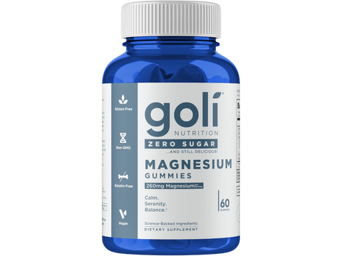 Blue bottle of goli magnesium gummies on a white background