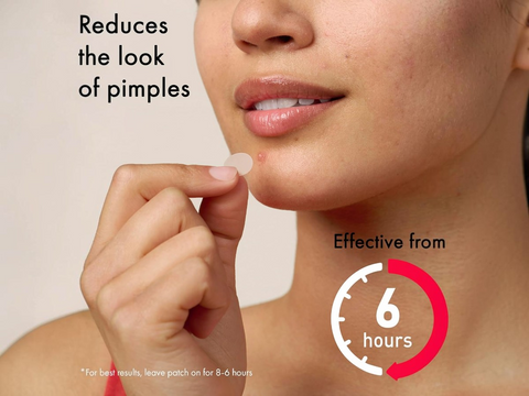 Woman applying a patch to her face with text indicating it reduces the look of pimples and is effective from 6 hours.