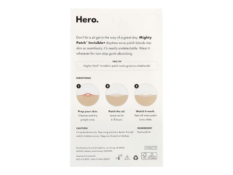 Hero Mighty Patch Invisible acne patch packaging with usage instructions on a white background